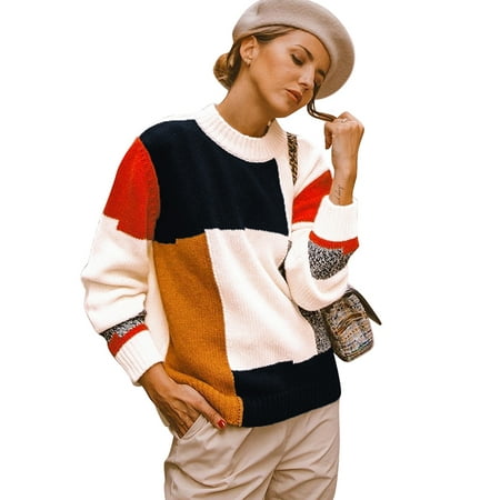 Femmes tricotés color bloc Sweater Femmes Hoodie Hooded Jumper Pull Top